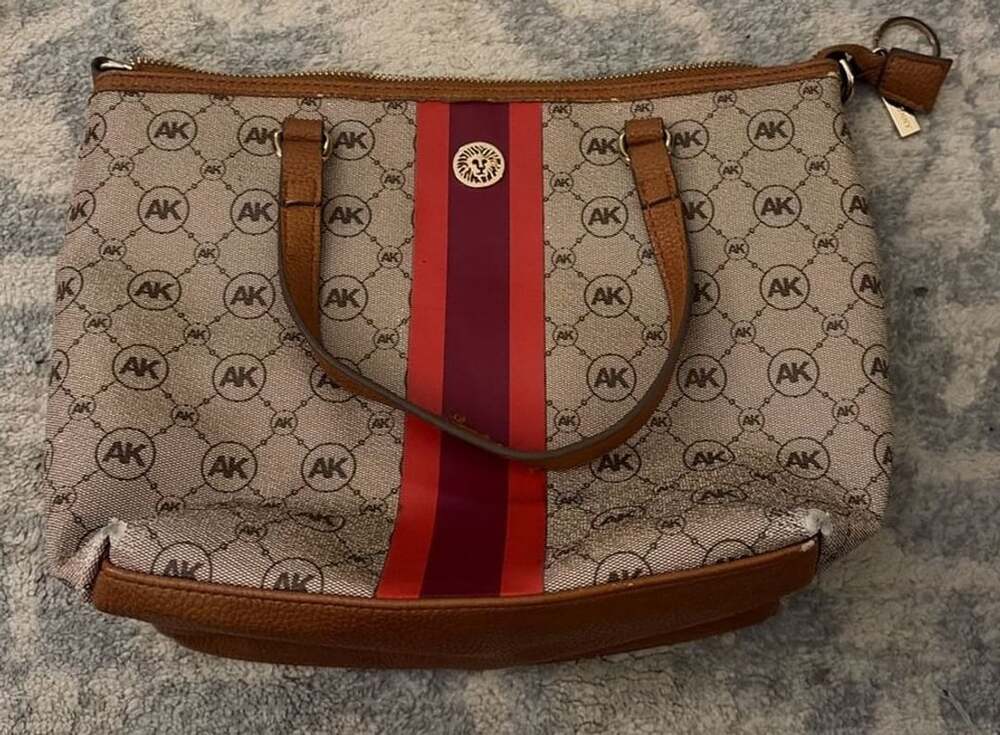 Anne Klein Monogram Print Stripe Top Zip Tote Bag Brown Red
